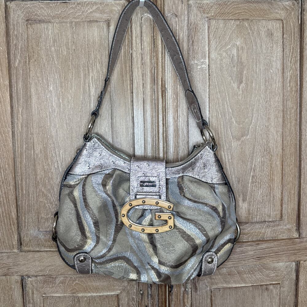 RARE Vintage GUESS Samba Metallic Gray Silver Gold Brown Wooden G Bag